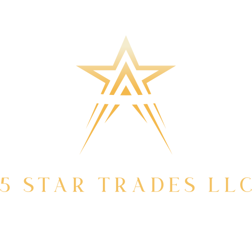 A gold star with stylized overlapping lines above the text "5 STAR TRADES LLC" in gold capital letters on a white background.
