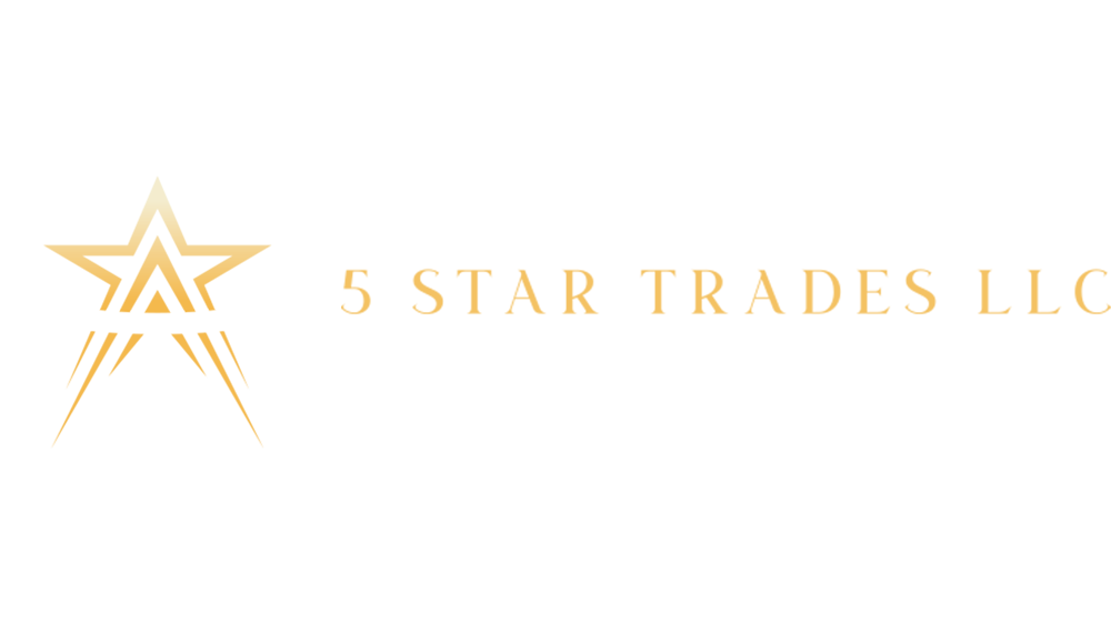 Logo for "5 Star Trades LLC" featuring three stylized hands forming a star shape on the left, with the company name in gold capital letters to the right. The design has a gold color gradient on a white background.
