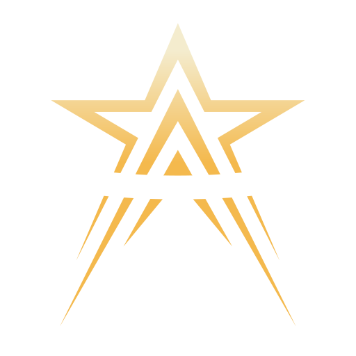 A stylized gold and white star with a white ring encircling its middle, set against a black background. The star features sharp lines and gradients, giving a modern and dynamic appearance.