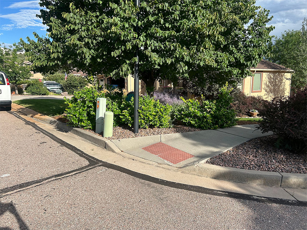 A sidewalk is blocked by overgrown bushes and a tree, making it inaccessible. A curb ramp with a red textured surface is visible, but the path is obstructed by vegetation.