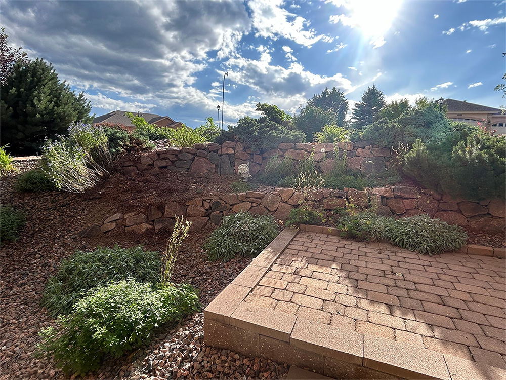 A sunlit backyard with a stone retaining wall, various green shrubs, rocky ground, and a small paved patio area. The sky is partly cloudy, and the sun is shining, creating bright highlights and some shadows.