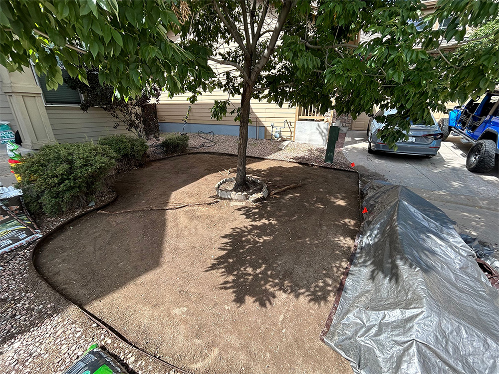 A partially shaded yard with a large tree in the center, surrounded by dirt and bordered by rocks and bushes. Landscape materials and a tarp on the right hint at ongoing projects, promising stunning before and after results.