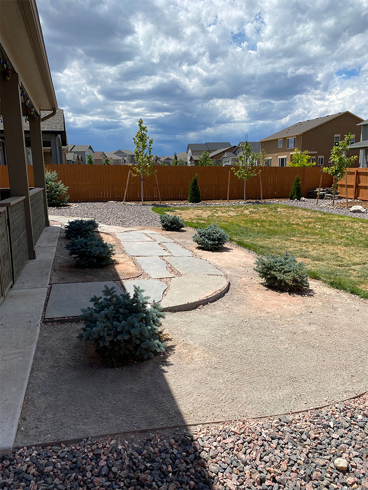 A backyard with a stone walkway curving through gravel and small shrubs, bordered by a wooden fence, green lawn, and young trees under a partly cloudy sky. Suburban houses are visible in the background.