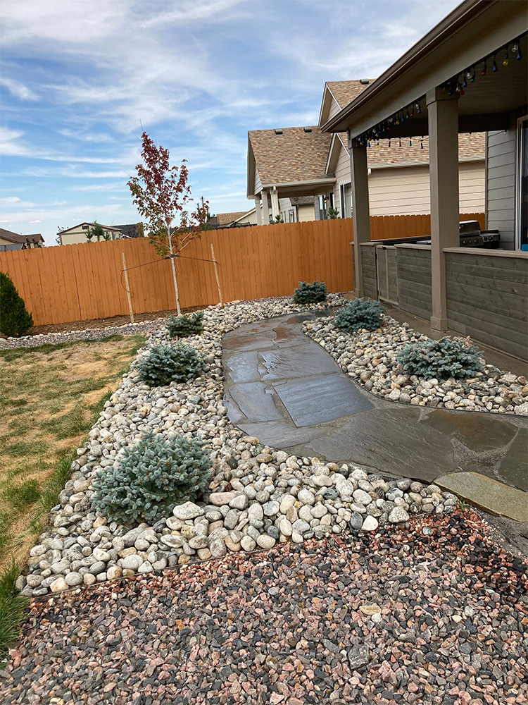 A backyard with a stone pathway surrounded by rocks and small shrubs, leading to a wooden fence. There is a patchy grass lawn on the left and a covered porch on the right side of the image.