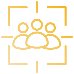 Yellow icon of three people inside a square focus frame, representing a group targeted or selected, on a transparent background.